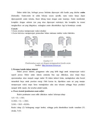 Dalam tubuh kita, berbagai proses biokimia dipercepat oleh katalis yang disebut enzim
(biokatalis). Enzim-enzim ini selalu bekerja secara spesifik; suatu reaksi hanya dapat
dipercepatoleh enzim tertentu, ibarat lubang kunci dengan anak kuncinya. Enzim membentuk
kompleks dengan substrat (zat yang akan dipercepat reaksinya), lalu kompleks itu terurai
menghasilkan zat yang diinginkan, sedangkan enzim dikembalikan lagi ke bentuknya semula.
Contoh:
• Enzim oksidase mempercepat reaksi oksidasi
• Enzim hidrolase mempercepat pemecahan bahan makanan melalui reaksi hidrolisis.
Gambar 3.3
Pembentukan suatu zat dengan menggunakan katalis enzim
Sumber: http://universe-review.ca/
2. Peranan katalis dalam industri
Dalam proses industri, penggunaan suhu yang lebih tinggi untuk mempercepat reaksi
seperti proses Haber untuk sintesis ammonia bisa saja dilakukan, akan tetapi biaya
operasionalnya akan menjadi sangat mahal. Di dalam indutsri kimia, meningkatkan suhu berarti
menambah biaya untuk pasokan energi. Oleh karena itu, diperlukan suatu zat yang mampu
mempercepat reaksi tanpa harus meningkatkan suhu atau tekanan sehingga biaya produksi
menjadi lebih murah. Zat tersebut adalah katalis.
a. Proses kontak (pembuatan asam sulfat)
Reaksi pembuatan asam sulfat dilakukan melaui beberapa tahap:
1) S + O2 → SO2
2) 2SO2 + O2 → 2SO3
3) SO3 + H2O →H2SO4
Reaksi tahap (2) berlangsung sangat lambat, sehingga perlu ditambahkan katalis vanadium (V)
oksida, V2O5
 