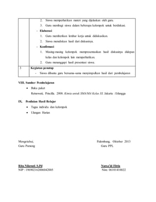 2. Siswa memperhatikan materi yang dijelaskan oleh guru.
3. Guru membagi siswa dalam beberapa kelompok untuk berdiskusi.
- Elaborasi
1. Guru memberikan lembar kerja untuk didiskusikan.
2. Siswa menuliskan hasil dari diskusinya.
- Konfirmasi
1. Masing-masing kelompok mempresentasikan hasil diskusinya didepan
kelas dan kelompok lain memperhatikan.
2. Guru menanggapi hasil presentasi siswa.
3 Kegiatan penutup
- Siswa dibantu guru bersama-sama menyimpulkan hasil dari pembelajaran
VIII. Sumber Pembelajaran
 Buku paket
Retnowati, Priscilla. 2008. Kimia untuk SMA/MA Kelas XI. Jakarta : Erlangga
IX. Penilaian Hasil Belajar
 Tugas individu dan kelompok
 Ulangan Harian
Mengetahui, Palembang, Oktober 2013
Guru Pamong Guru PPL
Rita Nilawati S.Pd Nursa’id Fitria
NIP : 196902162006042005 Nim: 06101410022
 