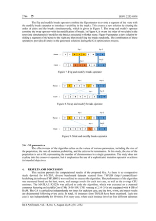  ISSN: 2252-8938
Int J Artif Intell, Vol. 14, No. 4, August 2025: 2741-2752
2746
The flip and modify breaks operator combine the flip operator to reverse a segment of the route with
the modify breaks operator to introduce variability in the breaks. This creates a new solution by altering the
order of cities and the breaks simultaneously, which is given in Figure 7. The swap and modify operator
combine the swap operator with the modification of breaks. In Figure 8, it swaps the order of two cities in the
route and simultaneously modifies the breaks associated with that route. Figure 9 generates a new solution by
sliding a segment of the route to the right and then modifying the breaks randomly. The combination of these
operations provides diversity in the generated solutions during the GA optimization process.
Figure 7. Flip and modify breaks operator
Figure 8. Swap and modify breaks operator
Figure 9. Slide and modify breaks operator
3.6. GA parameters
The effectiveness of the algorithm relies on the values of various parameters, including the size of
the population, the rate of mutation probability, and the criteria for termination. In this study, the size of the
population is set at 80, representing the number of chromosomes in a single generation. The study does not
explore into the crossover operator, but it emphasizes the use of a sophisticated mutation operator to achieve
its intended objectives.
4. RESULTS AND DISCUSSION
This section presents the computational results of the proposed GA. As there is no comparative
study devoted for k-MTSP, diverse benchmark datasets sourced from TSPLIB (http://comopt.ifi.uni-
heidelberg.de/software/TSPLIB95/) were utilized to execute the algorithm. The performance of the algorithm
was measured based on the best, worst, and average results for each test case, as well as the average CPU
runtimes. The MATLAB R2023b was utilized to code the algorithm, which was executed on a personal
computer featuring an Intel(R) Core (TM) i3-10110U CPU running at 2.10 GHz and equipped with 8 GB of
RAM. The GA is carried out independently ten times for each test case, and the best, worst, and mean results
are documented following every cycle. In total, 10 instances from TSPLIB have been examined. Each test
case is run independently for 10 times. For every case, where each instance involves four different salesman
 