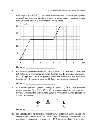 ÎÃÝ. ÌÀÒÅÌÀÒÈÊÀ. ÒÐÅÍÈÐÎÂÎ×ÍÛÅ ÇÀÄÀÍÈß10
ком функции  V V t на этом промежутке. Используя приве-
дённый на рисунке график скорости движения, укажите путь,
пройденный телом с постоянной скоростью.
V м/с
t сек
5
1 2 3 4 5 6 7 80
10
15
20
25
О т в е т : _________________________ .
16. Стоимость единого билета на одну поездку в г. Москве составляет
50 рублей, а стоимость единого билета на 40 поездок составля-
ет 1160 рублей. Сколько рублей составит экономия при покупке
билета на 40 поездок вместо 40 билетов на одну поездку?
О т в е т : _________________________ .
17. К плечам рычага, длины которых равны l1
и l2
, приложены
силы, равные F1
 10Н, F2
 8Н и удерживающие его в равно-
весии. Определите отношение длины большего плеча рычага к
длине меньшего.
F1
F2
l2
l1
О т в е т : _________________________ .
18. На диаграмме приведены результаты решения двух задач по
математике учащимися на олимпиаде. Известно, что общее ко-
личество учащихся составило N  100 человек. Первую из пред-
 