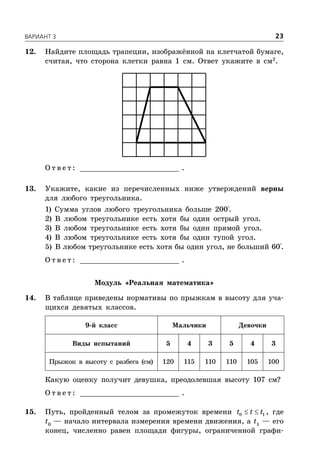 ÂÀÐÈÀÍÒ 3 23
12. Найдите площадь трапеции, изображённой на клетчатой бумаге,
считая, что сторона клетки равна 1 см. Ответ укажите в см2
.
О т в е т : _________________________ .
13. Укажите, какие из перечисленных ниже утверждений верны
для любого треугольника.
1) Сумма углов любого треугольника больше 200°.
2) В любом треугольнике есть хотя бы один острый угол.
3) В любом треугольнике есть хотя бы один прямой угол.
4) В любом треугольнике есть хотя бы один тупой угол.
5) В любом треугольнике есть хотя бы один угол, не больший 60°.
О т в е т : _________________________ .
Модуль «Реальная математика»
14. В таблице приведены нормативы по прыжкам в высоту для уча-
щихся девятых классов.
9-й класс Мальчики Девочки
Виды испытаний 5 4 3 5 4 3
Прыжок в высоту с разбега (см) 120 115 110 110 105 100
Какую оценку получит девушка, преодолевшая высоту 107 см?
О т в е т : _________________________ .
15. Путь, пройденный телом за промежуток времени  0 1t t t , где
t0
— начало интервала измерения времени движения, а t1
— его
конец, численно равен площади фигуры, ограниченной графи-
 
