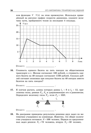 ÎÃÝ. ÌÀÒÅÌÀÒÈÊÀ. ÒÐÅÍÈÐÎÂÎ×ÍÛÅ ÇÀÄÀÍÈß38
ком функции  V V t на этом промежутке. Используя приве-
дённый на рисунке график скорости движения, укажите вели-
чину пути, пройденного телом за последние 4 секунды.
V м/с
t сек
5
1 2 3 4 5 6 7 80
10
15
20
25
О т в е т : _________________________ .
16. Стоимость единого билета на пять поездок на общественном
транспорте в г. Москве составляет 180 рублей, а стоимость еди-
ного билета на 40 поездок составляет 1160 рублей. Сколько руб-
лей составит экономия при покупке билета на 40 поездок вместо
билетов на пять поездок?
О т в е т : _________________________ .
17. К плечам рычага, длины которых равны l1
 8 и l2
 12, при-
ложены силы, равные F1
, F2
и удерживающие его в равновесии.
Определите величину силы F1
, если F2
 10Н.
F1
F2
l2
l1
О т в е т : _________________________ .
18. На диаграмме приведены результаты решения двух задач по ма-
тематике учащимися на олимпиаде. Известно, что общее количе-
ство учащихся составило  100N человек. Первую из предложен-
ных задач решили 1 73N человека, вторую 2 50N человек.
 