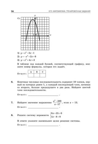 ÎÃÝ. ÌÀÒÅÌÀÒÈÊÀ. ÒÐÅÍÈÐÎÂÎ×ÍÛÅ ÇÀÄÀÍÈß56
x
C)
–1
7
0
1)   2
2 1y x x
2)    2
2 6y x x
3)   2
4 3y x x
В таблице под каждой буквой, соответствующей графику, впи-
шите номер формулы, которая его задаёт.
О т в е т :
A В С
6. Конечная числовая последовательность содержит 10 членов, пер-
вый из которых равен 1, а каждый последующий член, начиная
со второго, больше предыдущего в два раза. Найдите шестой
член последовательности.
О т в е т : _________________________ .
7. Найдите значение выражения


2
289
17
a
a
, если a  13.
О т в е т : _________________________ .
8. Решите систему неравенств
 

 
8 25 0
5 8 0
x
x
В ответе укажите наименьшее целое решение системы.
О т в е т : _________________________ .
 