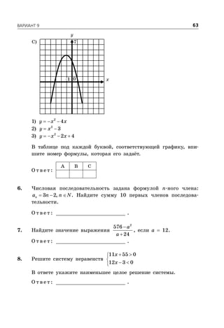 ÂÀÐÈÀÍÒ 9 63
x
C)
–1
7
0
1)   2
4y x x
2)  2
3y x
3)    2
2 4y x x
В таблице под каждой буквой, соответствующей графику, впи-
шите номер формулы, которая его задаёт.
О т в е т :
A В С
6. Числовая последовательность задана формулой n-ного члена:
  3 2,na n n N. Найдите сумму 10 первых членов последова-
тельности.
О т в е т : _________________________ .
7. Найдите значение выражения


2
576
24
a
a
, если a  12.
О т в е т : _________________________ .
8. Решите систему неравенств
 

 
11 55 0
12 3 0
x
x
В ответе укажите наименьшее целое решение системы.
О т в е т : _________________________ .
 
