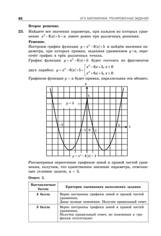 ÎÃÝ. ÌÀÒÅÌÀÒÈÊÀ. ÒÐÅÍÈÐÎÂÎ×ÍÛÅ ÇÀÄÀÍÈß86
Второе решение.
23. Найдите все значения параметра, при каждом из которых урав-
нение   2
6 5x x a имеет ровно три различных решения.
Решение.
Построим график функции   2
6 5y x x и найдём значения па-
раметра, при которых прямая, заданная уравнением ya, пере-
сечёт график в трёх различных точках.
График функции   2
6 5y x x будет состоять из фрагментов
двух парабол:
   
    
  
2
2
2
6 5, 0
6 5
6 5, 0
x x x
y x x
x x x
Графиком функции y  a будет прямая, параллельная оси абсцисс.
5
5y =
0 1
55−
1−
y
x
y = x2
– 6 |x| + 5
Рассматривая пересечение графиков левой и правой частей урав-
нения, получим, что единственное значение параметра, отвечаю-
щее условию задачи, a  5.
Ответ: 5.
Выставляемые
баллы
Критерии оценивания выполнения задания
4 балла Верно построены графики левой и правой частей
уравнения.
Даны полные пояснения. Получен правильный ответ
3 балла Верно построены графики левой и правой частей
уравнения.
Получен правильный ответ, но пояснения к гра-
фикам отсутствуют
 