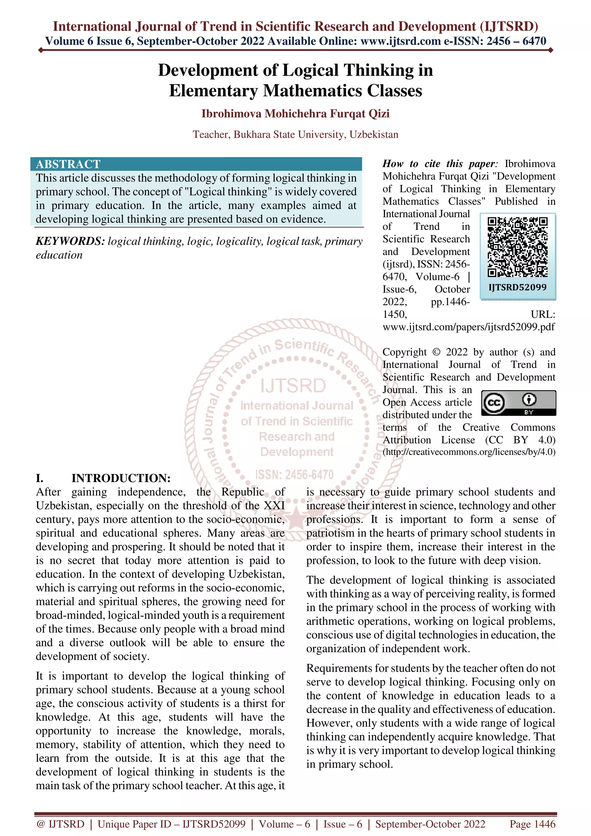 Development of Logical Thinking in Elementary Mathematics Classes | PDF