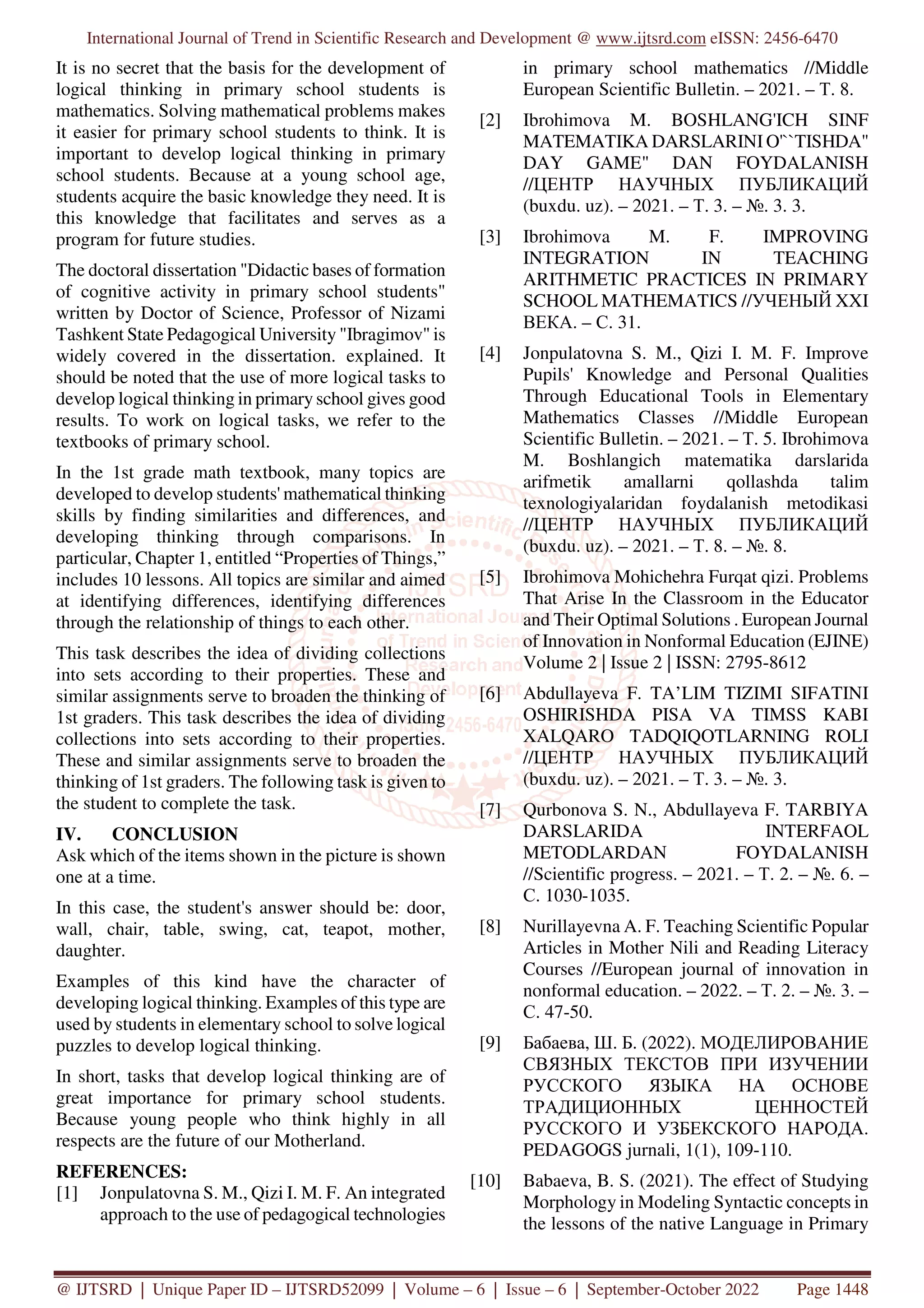 Development of Logical Thinking in Elementary Mathematics Classes | PDF