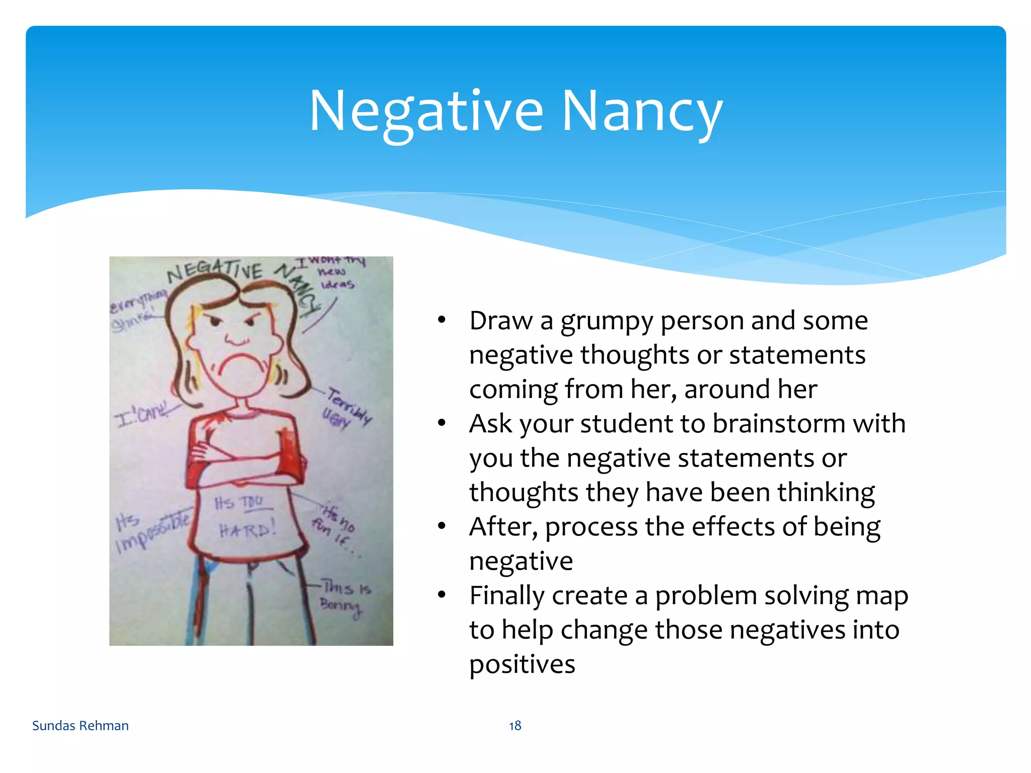 Sundas Rehman 18
Negative Nancy
• Draw a grumpy person and some
negative thoughts or statements
coming from her, around her
• Ask your student to brainstorm with
you the negative statements or
thoughts they have been thinking
• After, process the effects of being
negative
• Finally create a problem solving map
to help change those negatives into
positives
 
