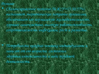 Резюме: Сбалансированное питание (Б:Ж:У=15:30:55%) восполняет энергетические затраты организма, обеспечивает его нормальную жизнедеятельность, хорошее самочувствие, высокую работоспособность, сопротивляемость инфекциям, рост и развитие. Потребности каждого человека индивидуальны и зависят от его возраста, состояния здоровья,интенсивности и вида трудовой деятельности. 
