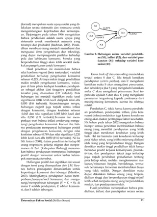 Determinan Faktor Sosial (Sirilius Seran) 71
(formal) merupakan suatu upaya sadar yang di-
lakukan secara sistematis dan terencana untuk
mengembangkan kepribadian dan kemampu-
an. Djojonegoro pada tahun 1996 mengatakan
bahwa pendidikan adalah suatu upaya yang
sistematis untuk membentuk manusia yang
terampil dan produktif (Bachtiar, 2000). Pendi-
dikan membuat orang menjadi memahami dan
menguasai ilmu pengetahuan dan teknologi,
yang dapat mempengaruhi perilaku terhadap
pola dan kebiasaan konsumsi. Mereka yang
berpendidikan tinggi akan lebih selektif mela-
kukan pengeluaran untuk konsumsi.
Hasil penelitian ini menemukan bahwa
nilai koefisen regresi (beta terstandart) variabel
pendidikan terhadap pengeluaran konsumsi
sebesar -0,275. Artinya makin tinggi pendidikan
makin rendah pengeluaran konsumsi, walau-
pun di lain pihak terdapat kenaikan pendapat-
an sebagai akibat dari tingginya pendidikan
terakhir yang ditamatkan (H7 terbukti). Pola
hubungan ini menjadi signifikan pada taraf
signifikansi 0,044 lebih kecil daripada nilai alfa
0,050 (H6 terbukti). Kecenderungan serupa,
hubungan negatif juga terjadi antara inflasi
dengan konsumsi, dengan koefisien sebesar
-0,043 dan nilai signifkan 0,005 lebih kecil dari
alfa 0,050 (H9 terbukti).Temuan ini mem-
perkuat teori bahwa inflasi cenderung mengu-
rangi pengeluaran konsumsi. Kecuali itu, bah-
wa pendapatan mempunyai hubungan positif
dengan pengeluaran konsumsi, dengan nilai
koefisien sebesar 0,789 dan nilai signifikan 0,220
lebih kecil dari alfa 0,050 (H10 terbukti). Ni Lu
Sili Antari (2008), dalam penelitian terhadap 80
orang responden pekerja migran dan nonper-
manen di Bali (Kabupaten Badung) menemu-
kan bahwa pendapatan mempunyai hubungan
positif dengan konsumsi untuk kedua kelom-
pok masyarakat tersebut.
Hubungan positif dan signifikan ini sesuai
dengan teori yang disampaikan oleh J.M. Key-
nes bahwa pendapatan dimanfaatkan untuk
kepentingan konsumsi dan tabungan (Mankiw,
2003). Meningkatnya pendapatan dapat mem-
perbesar/memperkecil konsumsi, dan mengu-
rangi/memperbesar tabungan (Y = C + S), di
mana Y adalah pendapatan, C adalah konsum-
si, dan S adalah tabungan.
Gambar 8. Hubungan antara variabel pendidik-
an (X1), inflasi (X2), dan variabel pen-
dapatan (X4) terhadap variabel kon-
sumsi (X3)
Kasus trade off dan atau saling meniadakan
terjadi antara S dan C. Bila terjadi kenaikan
pendapatan (ceteris paribus), dan C mengalami
kenaikan maka S akan mengalami penurunan,
dan sebaliknya jika S yang mengalami kenaikan
maka C akan mengalami penurunan. Soal ke-
putusan, apakah S dan atau C yang mengalami
penurunan tergantung kepada preference dari
masing-masing konsumen, karena itu sifatnya
relatif.
Perubahan C, tidak hanya karena perubah-
an pendidikan, pendapatan, inflasi, pola kon-
sumsi (selera) melainkan juga karena kesadaran
orang akan makin pentingnya faktor kesehatan.
Nicholson pada tahun 2002 mengatakan bahwa
hampir semua penelitian membuktikan bahwa
orang yang memiliki pendapatan yang lebih
tinggi akan menikmati kesehatan yang lebih
baik. Hal ini bermula dari kesadaran terhadap
pola hidup sehat, yang lebih cenderung dialami
oleh orang yang berpendidikan tinggi. Dengan
demikian makin tinggi pendidikan tidak hanya
berimbas positif kepada kemampuan, produk-
tivitas, dan pendapatan tetapi juga terhadap
juga terjadi perubahan pemahaman tentang
pola hidup sehat, melalui mengkonsumsi ma-
kanan/minuman bergizi, berolahraga, terma-
suk bertamasya. Ini semua membutuhkan biaya
yang tidak sedikit. Dengan demikian maka
dapat dikatakan bahwa orang yang berpen-
didikan tinggi dan berpendapatan tinggi relatif
lebih sehat daripada orang yang berpendidikan
rendah, dan pendapatan rendah.
Hasil penelitian menunjukkan bahwa pen-
didikan, inflasi, dan pendapatan secara secara
 