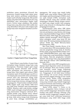 Jurnal Ekonomi Pembangunan Volume 13, Nomor 1, Juni 2012: 62-7864
perbedaan antara permintaan (Demand) dan
penawaran (Supply) tenaga kerja dalam pasar
kerja telah memicu perbedaan pemberlakuan
tingkat upah terhadap tenaga kerja. Bila jumlah
tenaga yang ditawarkan lebih banyak dari yang
dibutuhkan akan menurunkan tingkat upah
(Cateris Paribus) tetapi sebaliknya bila jumlah
tenaga kerja yang ditawarkan lebih sedikit dari
yang dibutuhkan oleh pasar maka tingkat upah
tenaga kerja akan mengalami kenaikan (Gambar
1).
Gambar 1. Tingkat Upah di Pasar Tenaga Kerja
Upah (Wages) yang berlaku di pasar kerja
merupakan harga daripada tenaga kerja yang
bersangkutan. Penentuan tingkat upah sangat
tergantung kepada kekuatan tarik menarik
antara permintaan dan penawaran di pasar
tenaga kerja. Pada tingkat upah sebesar US$10
merupakan upah riil keseimbangan (equilibrium
= E) terjadi pada saat jumlah antara permintaan
(demand labor) dan penawaran tenaga kerja
(supply labor) adalah sama sebesar N (DL=SL).
Semua tenaga kerja terserap, sehingga tidak ada
pengangguran. Tetapi keadaan menjadi terbalik
ketika tingkat upah yang berlaku lebih kecil
atau lebih besar daripada upah keseimbangan
(US$10). Misalnya upah yang berlaku setinggi
US$25, (upah tertinggi) orang berbondong-bon-
dong menawarkan tenaganya sebanyak (N**),
padahal jumlah yang diminta hanya sebesar
(N*). Ini berarti terjadi kelebihan (surplus) tena-
ga kerja, tidak semua tenaga kerja tertampung
di pasar kerja, sehingga menimbulkan pe-
ngangguran. Hal serupa juga terjadi ketika
tingkat upah yang berlaku dipasar lebih kecil
dari tingkat upah keseimbangan (US$10), misal-
nya upah menjadi (US$5), merupakan upah
terendah. Banyak orang akan memilih untuk
menganggur daripada bekerja dengan meneri-
ma upah yang sangat rendah. Jenis pengang-
guran yang semacam ini dikategorikan sebagai
pengangguran terpaksa.
Psacharopoulos pada tahun 1989 dalam
penelitiannya di Venezuela menemukan bahwa
rata-rata pendapatan yang diterima oleh tenaga
kerja yang berpendidikan tinggi sebesar 178,297
Bolivares/tahun, lebih tinggi dari yang berpen-
didikan sekolah menengah: 106,337 Bolivares/
tahun sedangkan untuk yang tamat SD dan
tidak tamat SD masing-masing pendapatannya
sebesar: 69,452 dan 39,625 Bolivares/tahun
(Psacharopoulos, 1995)
Biro Pusat Statitik Amerika (Bureau of the
Census) pada tahun 1994 menyampaikan bahwa
rata-rata penghasilan tenaga kerja di Amerika
Serikat untuk yang berpendidikan Doktor men-
capai US$54.904.0000/tahun, jauh lebih tinggi
dari tenaga kerja yang berpendidikan Magister,
atau Sarjana. Rata-rata penghasilan terendah
diterima oleh tenaga kerja yang berpendidikan
tidak tamat SD sebesar: US$ 12.809.000/tahun
(Suryadi, 1997).
Mankiw pada tahun 2003 mengatakan pen-
dapatan dapat digunakan untuk: (1) konsumsi,
dan (2) tabungan. Besar atau kecilnya pembia-
yaan konsumsi rumah tangga tergantung
kepada jumlah jiwa yang menjadi tanggungan-
nya. Tanggungan di sini tidak hanya terbatas
pada keluarga inti (nuclear family) melainkan
juga termasuk anggota keluarga di luar rumah
(extended family). Robins (1990) mengatakan
bahwa besar tanggungan adalah banyaknya
orang yang serumah yang menjadi tanggungan
orang tua termasuk anak kandung, anak angkat
kedua orang tua dan keluarga lainnya.
Backer (1993), dalam “A Treatise on the
Family”, mengatakan bahwa terdapat trade-off
antara jumlah tanggungan (konsumsi) dengan
kualitas anak dalam keluarga. Keluarga yang
memiliki jumlah tanggungan (anggota keluar-
ga) yang relatif kecil cenderung mempunyai
kemampuan yang relatif lebih tinggi untuk
 