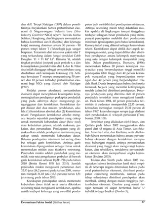 Determinan Faktor Sosial (Sirilius Seran) 67
dan skill. Tetapi Nafziger (1997) dalam peneli-
tiannya meyakinkan bahwa pertumbuhan eko-
nomi di Negara-negara Industri baru (New
Industry Countries=NICs) seperti Taiwan, Korea
Selatan, Hongkong, dan Singapura menunjukan
bahwa kontribusi dan K (Kapital) dan L(tenaga
kerja) memang dominan antara 50 persen - 90
persen tetapi faktor T (Teknologi) juga sangat
berperan. Tercermin dari nilai sisa yakni nilai T
yang terkandung dalam fungsi produksi Cobb
Douglas: Yt = Tt Kta
Ltb
. Dimana Yt, adalah
tingkat produksi (output) pada periode t; a dan
b menjelaskan produktivitas dari L dan K. Nilai
sisa inilah dianggap sebagai pertumbuhan yang
disebabkan oleh kemajuan Teknologi (T). Arti-
nya kemajuan T mampu menyumbang 50 per-
sen dan 10 persen terhadap pertumbuhan eko-
nomi bagi NICs yang diamati oleh Nafziger
(1997).
Melalui proses akselerasi, pertumbuhan
ekonomi dapat menciptakan kesempatan kerja,
meningkatkan pendapatan perkapita penduduk
yang pada akhirnya dapat mengurangi pe-
ngangguran dan kemiskinan. Kemiskinan da-
pat diukur dari dua macam pendekatan, ada-
lah: (1) Kemiskinan absolut, dan (2) Kemiskinan
relatif. Pengukuran kemiskinan absolut meng-
acu kepada sejumlah pendapatan yang cukup
untuk memenuhi kebutuhan dasar (basic need)
atau kebutuhan primer, adalah makanan, pa-
kaian, dan perumahan. Pendapatan yang di-
maksudkan adalah pendapatan minimum yang
cukup untuk memenuhi kebutuhan dasar.
Batasan pendapatan minimum ini sering dise-
but sebagai garis kemiskinan. Artinya garis
kemiskinan dipergunakan sebagai batas untuk
menentukan miskin atau tidaknya seseorang.
Penduduk miskin adalah penduduk yang me-
miliki rata-rata pengeluaran perbulan di bawah
garis kemiskinan sebesar Rp211.726 pada tahun
2010 (Berita Resmi BPS Juli 2010). Jumlah
penduduk miskin mengalami penurunan dari
32,53 juta (14,2 persen) pada tahun 2009, menu-
run menjadi 31,02 juta (13,3 persen) turun 1,51
juta orang, pada tahun 2010.
Kecukupan pendapatan untuk memenuhi
kebutuhan dasar tidak serta merta dikatakan
seseorang tidak mengalami kemiskinan, apabila
masih terdapat keluarga yang memiliki penda-
patan jauh melebihi dari pendapatan minimum.
Artinya seseorang masih tetap dikatakan mis-
kin apabila di lingkungan tempat tinggalnya
terdapat sebagian besar penduduk yang mem-
punyai pendapatan melebihi dari pendapatan
minimum (pendapatan garis batas kemiskinan).
Konsep inilah yang dikenal sebagai kemiskinan
relatif. Kemiskinan dapat ditilik dari aspek ke-
timpangan sosial, yang dapat dilihat dari distri-
busi pendapatan antara kelompok masyarakat
yang satu dengan kelompok masyarakat yang
lain. Dalam penelitiannya, Dumairy, (1996)
menemukan bahwa 20 persen kelompok ma-
syarakat yang berpendapatan tinggi memiliki
pendapatan lebih tinggi dari 40 persen kelom-
pok masyarakat yang berpendapatan mene-
ngah dan 40 persen yang berpendapatan ren-
dah. Bank Dunia berpendapat bahwa Indonesia
termasuk Negara yang memiliki ketimpangan
rendah dalam hal distribusi pendapatan. Besar-
nya pendapatan yang diterima oleh 40 persen
penduduk termiskin terus mengalami kenaik-
an. Pada tahun 1984, 40 persen penduduk ter-
miskin di pedesaan memperoleh 22,35 persen,
kemudian meningkat menjadi 25,32 persen di
tahun 1997, kecenderungan serupa juga dialami
oleh pendudukan di wilayah perkotaan (Tam-
bunan, 2003: 108).
Penelitian yang dilakukan oleh Hasan, dan
Quibria pada tahun 2002 menggunakan data
panel dari 45 negara di Asia Timur, dan Sela-
tan, Amerika Latin, dan Karibian, serta Afrika–
Sub-Sahara menemukan bahwa antara pertum-
buhan ekonomi dengan kemiskinan mempu-
nyai hubungan negatif, artinya pertumbuhan
ekonomi yang tinggi akan mengurangi kemis-
kinan, dan sebaliknya, rendahnya pertumbuh-
an ekonomi akan memperbesar angka kemis-
kinan (Todaro, 2003).
Todaro dan Smith pada tahun 2003 me-
ngatakan bahwa berdasarkan hasil studi empi-
ris di beberapa negara ditemukan bahwa pada
awal pertumbuhan ekonomi, distribusi penda-
patan cenderung memburuk, namun pada
tahap selanjutnya distribusi pendapatan akan
membaik seiring dengan makin tingginya per-
tumbuhan ekonomi. Gambar yang sesuai de-
ngan temuan ini dapat berbentuk huruf U
terbalik sebagai berikut (Gambar 5);
 
