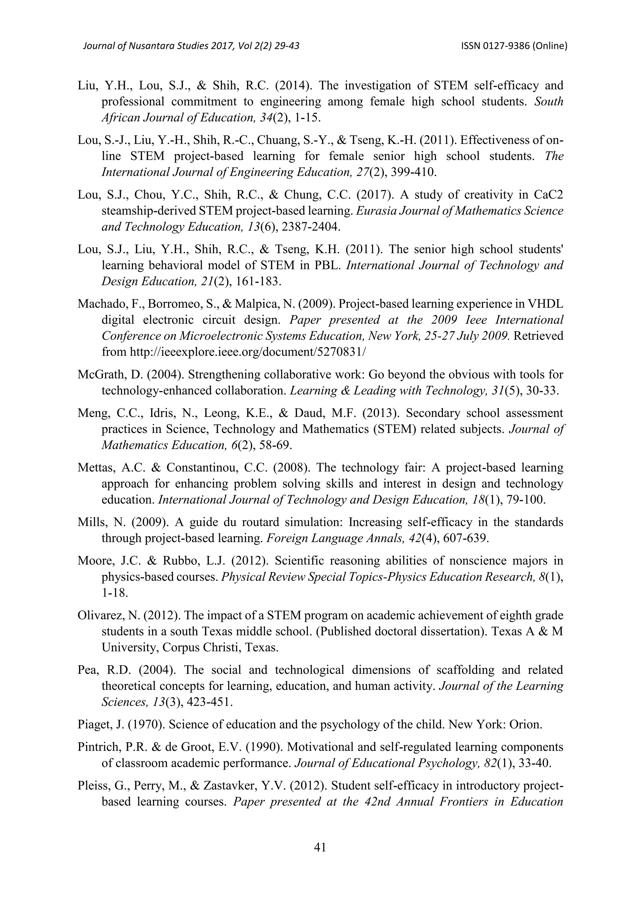 Journal of Nusantara Studies 2017, Vol 2(2) 29-43 ISSN 0127-9386 (Online)
41
Liu, Y.H., Lou, S.J., & Shih, R.C. (2014). The investigation of STEM self-efficacy and
professional commitment to engineering among female high school students. South
African Journal of Education, 34(2), 1-15.
Lou, S.-J., Liu, Y.-H., Shih, R.-C., Chuang, S.-Y., & Tseng, K.-H. (2011). Effectiveness of on-
line STEM project-based learning for female senior high school students. The
International Journal of Engineering Education, 27(2), 399-410.
Lou, S.J., Chou, Y.C., Shih, R.C., & Chung, C.C. (2017). A study of creativity in CaC2
steamship-derived STEM project-based learning. Eurasia Journal of Mathematics Science
and Technology Education, 13(6), 2387-2404.
Lou, S.J., Liu, Y.H., Shih, R.C., & Tseng, K.H. (2011). The senior high school students'
learning behavioral model of STEM in PBL. International Journal of Technology and
Design Education, 21(2), 161-183.
Machado, F., Borromeo, S., & Malpica, N. (2009). Project-based learning experience in VHDL
digital electronic circuit design. Paper presented at the 2009 Ieee International
Conference on Microelectronic Systems Education, New York, 25-27 July 2009. Retrieved
from http://ieeexplore.ieee.org/document/5270831/
McGrath, D. (2004). Strengthening collaborative work: Go beyond the obvious with tools for
technology-enhanced collaboration. Learning & Leading with Technology, 31(5), 30-33.
Meng, C.C., Idris, N., Leong, K.E., & Daud, M.F. (2013). Secondary school assessment
practices in Science, Technology and Mathematics (STEM) related subjects. Journal of
Mathematics Education, 6(2), 58-69.
Mettas, A.C. & Constantinou, C.C. (2008). The technology fair: A project-based learning
approach for enhancing problem solving skills and interest in design and technology
education. International Journal of Technology and Design Education, 18(1), 79-100.
Mills, N. (2009). A guide du routard simulation: Increasing self-efficacy in the standards
through project-based learning. Foreign Language Annals, 42(4), 607-639.
Moore, J.C. & Rubbo, L.J. (2012). Scientific reasoning abilities of nonscience majors in
physics-based courses. Physical Review Special Topics-Physics Education Research, 8(1),
1-18.
Olivarez, N. (2012). The impact of a STEM program on academic achievement of eighth grade
students in a south Texas middle school. (Published doctoral dissertation). Texas A & M
University, Corpus Christi, Texas.
Pea, R.D. (2004). The social and technological dimensions of scaffolding and related
theoretical concepts for learning, education, and human activity. Journal of the Learning
Sciences, 13(3), 423-451.
Piaget, J. (1970). Science of education and the psychology of the child. New York: Orion.
Pintrich, P.R. & de Groot, E.V. (1990). Motivational and self-regulated learning components
of classroom academic performance. Journal of Educational Psychology, 82(1), 33-40.
Pleiss, G., Perry, M., & Zastavker, Y.V. (2012). Student self-efficacy in introductory project-
based learning courses. Paper presented at the 42nd Annual Frontiers in Education
 