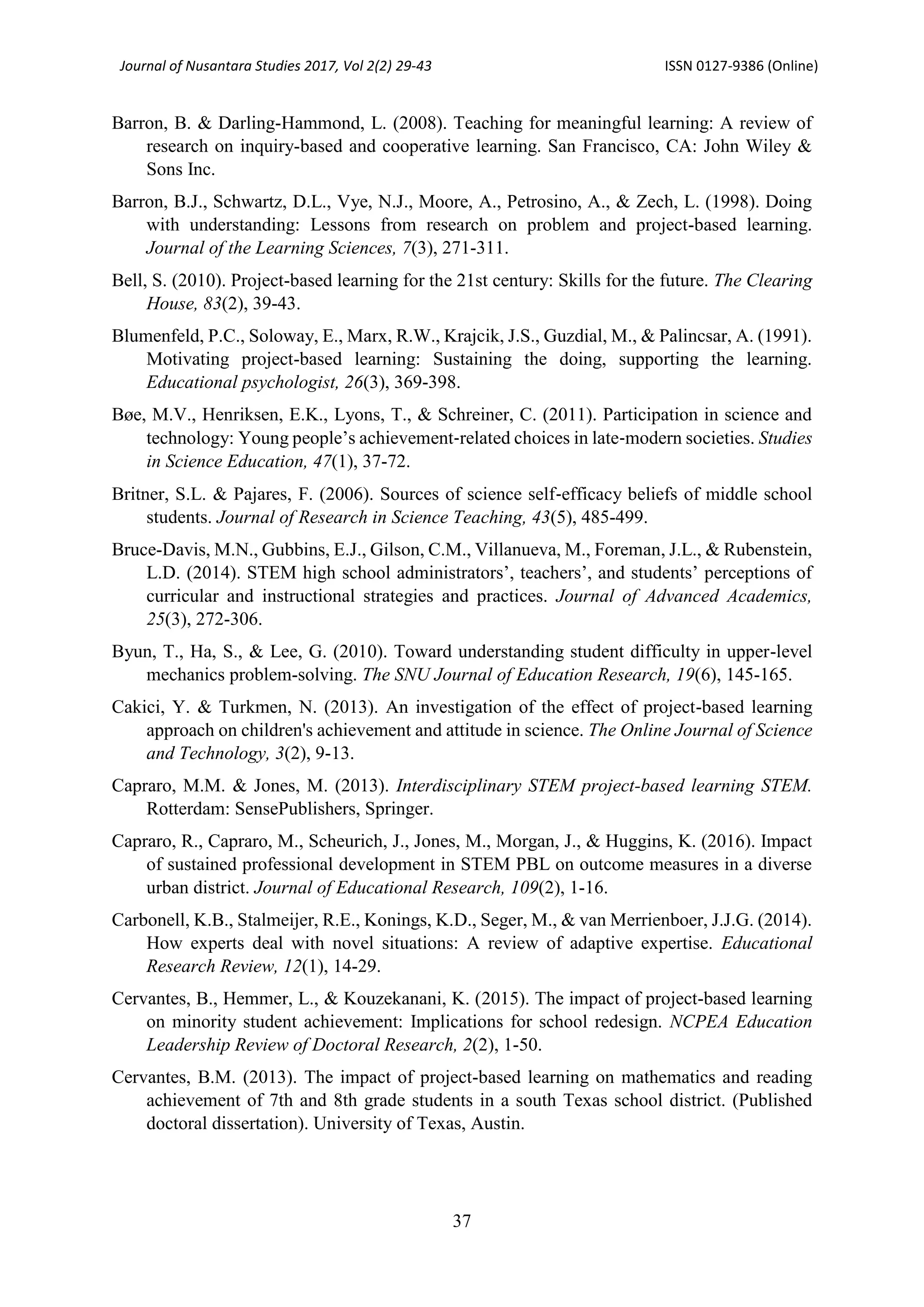 Journal of Nusantara Studies 2017, Vol 2(2) 29-43 ISSN 0127-9386 (Online)
37
Barron, B. & Darling-Hammond, L. (2008). Teaching for meaningful learning: A review of
research on inquiry-based and cooperative learning. San Francisco, CA: John Wiley &
Sons Inc.
Barron, B.J., Schwartz, D.L., Vye, N.J., Moore, A., Petrosino, A., & Zech, L. (1998). Doing
with understanding: Lessons from research on problem and project-based learning.
Journal of the Learning Sciences, 7(3), 271-311.
Bell, S. (2010). Project-based learning for the 21st century: Skills for the future. The Clearing
House, 83(2), 39-43.
Blumenfeld, P.C., Soloway, E., Marx, R.W., Krajcik, J.S., Guzdial, M., & Palincsar, A. (1991).
Motivating project-based learning: Sustaining the doing, supporting the learning.
Educational psychologist, 26(3), 369-398.
Bøe, M.V., Henriksen, E.K., Lyons, T., & Schreiner, C. (2011). Participation in science and
technology: Young people’s achievement‐related choices in late‐modern societies. Studies
in Science Education, 47(1), 37-72.
Britner, S.L. & Pajares, F. (2006). Sources of science self‐efficacy beliefs of middle school
students. Journal of Research in Science Teaching, 43(5), 485-499.
Bruce-Davis, M.N., Gubbins, E.J., Gilson, C.M., Villanueva, M., Foreman, J.L., & Rubenstein,
L.D. (2014). STEM high school administrators’, teachers’, and students’ perceptions of
curricular and instructional strategies and practices. Journal of Advanced Academics,
25(3), 272-306.
Byun, T., Ha, S., & Lee, G. (2010). Toward understanding student difficulty in upper-level
mechanics problem-solving. The SNU Journal of Education Research, 19(6), 145-165.
Cakici, Y. & Turkmen, N. (2013). An investigation of the effect of project-based learning
approach on children's achievement and attitude in science. The Online Journal of Science
and Technology, 3(2), 9-13.
Capraro, M.M. & Jones, M. (2013). Interdisciplinary STEM project-based learning STEM.
Rotterdam: SensePublishers, Springer.
Capraro, R., Capraro, M., Scheurich, J., Jones, M., Morgan, J., & Huggins, K. (2016). Impact
of sustained professional development in STEM PBL on outcome measures in a diverse
urban district. Journal of Educational Research, 109(2), 1-16.
Carbonell, K.B., Stalmeijer, R.E., Konings, K.D., Seger, M., & van Merrienboer, J.J.G. (2014).
How experts deal with novel situations: A review of adaptive expertise. Educational
Research Review, 12(1), 14-29.
Cervantes, B., Hemmer, L., & Kouzekanani, K. (2015). The impact of project-based learning
on minority student achievement: Implications for school redesign. NCPEA Education
Leadership Review of Doctoral Research, 2(2), 1-50.
Cervantes, B.M. (2013). The impact of project-based learning on mathematics and reading
achievement of 7th and 8th grade students in a south Texas school district. (Published
doctoral dissertation). University of Texas, Austin.
 