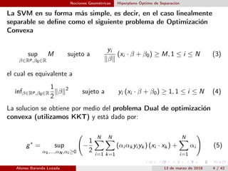 Nociones Geométricas Hiperplano Óptimo de Separación
La SVM en su forma más simple, es decir, en el caso linealmente
separable se deﬁne como el siguiente problema de Optimización
Convexa
sup
β∈Rp,β0∈R
M sujeto a
yi
β
(xi · β + β0) ≥ M, 1 ≤ i ≤ N (3)
el cual es equivalente a
ínfβ∈Rp,β0∈R
1
2
β 2
sujeto a yi (xi · β + β0) ≥ 1, 1 ≤ i ≤ N (4)
La solucion se obtiene por medio del problema Dual de optimización
convexa (utilizamos KKT) y está dado por:
g∗
= sup
α1,...,αN ,αi ≥0
−
1
2
N
i=1
N
k=1
(αi αkyi yk) (xi · xk) +
N
i=1
αi (5)
Alonso Baranda Lozada 13 de marzo de 2018 4 / 42
 