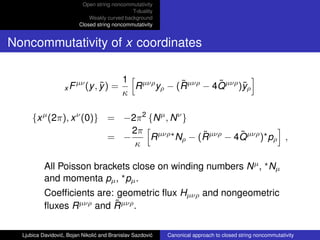 Open string noncommutativity
T-duality
Weakly curved background
Closed string noncommutativity
Noncommutativity of x coord...