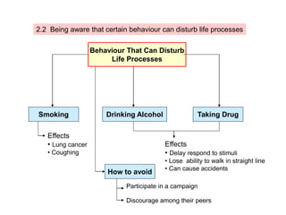 2.2 Being aware that certain behaviour can disturb life processes
Behaviour That Can Disturb
Life Processes
Smoking Taking Drug
Drinking Alcohol
Effects
• Lung cancer
• Coughing
Effects
• Delay respond to stimuli
• Lose ability to walk in straight line
• Can cause accidents
How to avoid
Participate in a campaign
Discourage among their peers
 