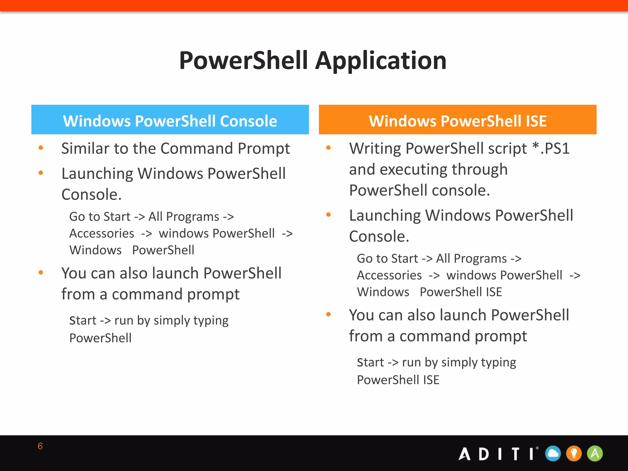 PowerShell Application
Windows PowerShell Console
• Similar to the Command Prompt
• Launching Windows PowerShell
Console.
Go to Start -> All Programs ->
Accessories -> windows PowerShell ->
Windows PowerShell
• You can also launch PowerShell
from a command prompt
start -> run by simply typing
PowerShell
Windows PowerShell ISE
• Writing PowerShell script *.PS1
and executing through
PowerShell console.
• Launching Windows PowerShell
Console.
Go to Start -> All Programs ->
Accessories -> windows PowerShell ->
Windows PowerShell ISE
• You can also launch PowerShell
from a command prompt
start -> run by simply typing
PowerShell ISE
6
 