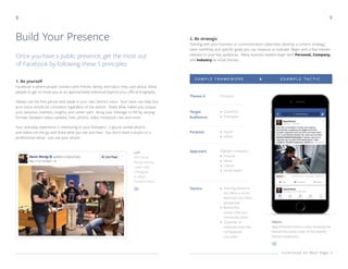 8 9
Build Your Presence
1. Be yourself
Facebook is where people connect with friends, family, and topics they care about. Allow
people to get to know you as an approachable individual beyond your official biography.
Always use the first-person and speak in your own distinct voice. Your team can help, but
your voice should be consistent regardless of the author. Share what makes you unique:
your passions, interests, insights, and career path. Bring your message to life by varying
formats between status updates, links, photos, video, Facebook Live, and more.
Your everyday experience is interesting to your followers. Capture candid photos
and videos on the go and share what you see and hear. You don't need a studio or a
professional setup - just use your phone.
2. Be strategic
Starting with your business or communication objectives, develop a content strategy,
team workflow, and specific goals you can measure or evaluate. Begin with a few themes
relevant to your key audiences. Many business leaders begin with Personal, Company,
and Industry as initial themes.
Once you have a public presence, get the most out
of Facebook by following these 5 principles:
Tactics
Approach
Purpose
Target
Audiences
Theme A
Inspiring photos in
the office or in the
field from the CEO's
perspective
Behind-the-
scenes video at a
community event
Customer or
employee town hall
via Facebook
Live video
•
•
•
Highlight company’s
• Purpose
• Values
• Culture
• Social impact
• Inspire
• Inform
• Customers
• Employees
Company
S A M P L E F R A M E W O R K E X A M P L E TA C T I C
C o n t i n u e d o n N e x t P a g e
Above
Meg Whitman shares a video revealing the
behind-the-scenes work of the Hewlett
Packard separation.
Left
CEO Devin
Wenig sharing
a beer with
colleagues
at eBay’s
Portland office.
 