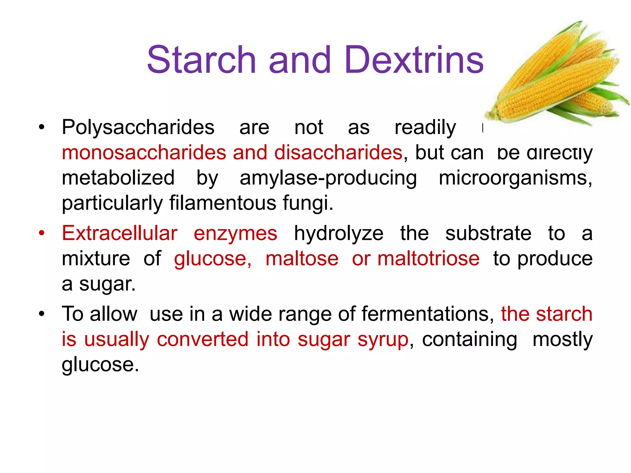 Starch and Dextrins
• Polysaccharides are not as readily utilized as
monosaccharides and disaccharides, but can be directly
metabolized by amylase-producing microorganisms,
particularly filamentous fungi.
• Extracellular enzymes hydrolyze the substrate to a
mixture of glucose, maltose or maltotriose to produce
a sugar.
• To allow use in a wide range of fermentations, the starch
is usually converted into sugar syrup, containing mostly
glucose.
 