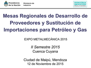 Mesas Regionales de Desarrollo de
Proveedores y Sustitución de
Importaciones para Petróleo y Gas
EXPO METALMECÁNICA 2015
II Semestre 2015
Cuenca Cuyana
Ciudad de Maipú, Mendoza
12 de Noviembre de 2015
 