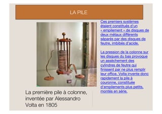 La première pile à colonne,
inventée par Alessandro
Volta en 1805
Ces premiers systèmes
étaient constitués d'un
« empilement » de disques de
deux métaux diﬀérents
séparés par des disques de
feutre, imbibés d'acide.

La pression de la colonne sur
les disques du bas provoque
un assèchement des
cylindres de feutre qui
ﬁnissent par ne plus remplir
leur oﬃce. Volta invente donc
rapidement la pile à
couronne, constituée
d'empilements plus petits,
montés en série.
LA PILE
 