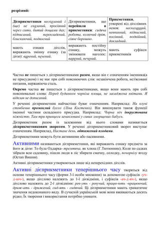 розрізняй:
Дієприкметники несказаний і
(ще) не сказаний, просіяний
через сито, битий дощами дах;
підписаний, перекладений,
блискаючий, подвоєний
Дієприкметники, що
перейшли в
прикметники: сидяча
робота, колючий дріт,
сіяне борошно.
Прикметники,
утворені від дієслівних
основ: несказанний,
невпинний, підписний,
посівний, подвійний,
докладний.
мають ознаки дієслів,
виражають змінну ознаку (за
дією): варений, печений.
виражають постійну
ознаку, можуть
змінювати наголос:
варений, печений.
мають суфікси
прикметників
Частка не пишеться з дієприкметниками разом, якщо він є означенням іменника(а
не присудком) і не має при собі пояснюючих слів: незакінчена робота, нез'ясовані
питання, нержавіюча сталь.
Окремо частка не пишеться з дієприкметниками, якщо вони мають при собі
пояснювальні слова: Перед будинком чорніла площа, не засаджена квітами. Я
відклав не дописаний.
У реченні дієприкметник найчастіше буває означенням. Наприклад: На клуні
стовбичив промоклий бусол (Ліна Костенко). Він виконувати також функції
іменної частини складеного присудка. Наприклад: Чорна ніч інкрустована
ніжністю. Там три принцеси зачакловані у сивих зморщених бабусь.
Дієприкметник разом із залежними від нього словами називається
дієприкметниковим зворотом. У реченні дієприкметниковий зворот виступає
означенням. Наприклад, Настане день, обтяжений плодами.
Дієприкметники можуть бути активними або пасивними.
Активними називаються дієприкметники, які виражають ознаку предмета за
його ж дією: То була Оддарка- тремтяча, як хлющ (Г.Тютюнник); Коли по садках
зібрали всю садовину, пішли люди в ліс збирати смачну, солодку, почорнілу ягоду
(Остап Вишня).
Активні дієприкметники утворюються лише від неперехідних дієслів.
Активні дієприкметники теперішнього часу творяться від
основи теперішнього часу (форми 3-ї особи множини) за допомогою суфіксів -уч-
,(-юч-), якщо дієслово належить до 1-ї дієвідміни, і суфіксів -ач-,(-яч-), якщо
дієслово належить до 2-ї дієвідміни: рев-уть - ревучий, працю-ють -працюючий,
дриж-ать - дрижачий, сид-ять - сидячий. Ці дієприкметники мають граматичне
значення недоконаного виду. В сучасній українській мові вони вживаються досить
рідко; Їх творення і використання потрібно уникати.
 