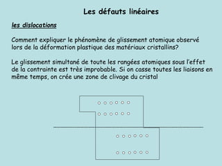 Les défauts linéaires
les dislocations
Comment expliquer le phénomène de glissement atomique observé
lors de la déformation plastique des matériaux cristallins?
Le glissement simultané de toute les rangées atomiques sous l’effet
de la contrainte est très improbable. Si on casse toutes les liaisons en
même temps, on crée une zone de clivage du cristal
 