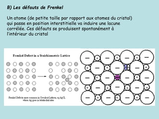 B) Les défauts de Frenkel
Un atome (de petite taille par rapport aux atomes du cristal)
qui passe en position interstitiel...
