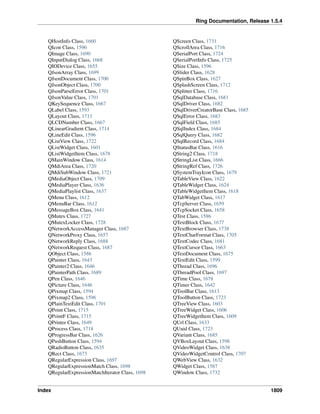 Ring Documentation, Release 1.5.4
QHostInfo Class, 1660
QIcon Class, 1596
QImage Class, 1690
QInputDialog Class, 1668
QIODevice Class, 1655
QJsonArray Class, 1699
QJsonDocument Class, 1700
QJsonObject Class, 1700
QJsonParseError Class, 1701
QJsonValue Class, 1701
QKeySequence Class, 1667
QLabel Class, 1593
QLayout Class, 1713
QLCDNumber Class, 1667
QLinearGradient Class, 1714
QLineEdit Class, 1596
QListView Class, 1722
QListWidget Class, 1601
QListWidgetItem Class, 1678
QMainWindow Class, 1614
QMdiArea Class, 1720
QMdiSubWindow Class, 1721
QMediaObject Class, 1709
QMediaPlayer Class, 1636
QMediaPlaylist Class, 1637
QMenu Class, 1612
QMenuBar Class, 1612
QMessageBox Class, 1641
QMutex Class, 1727
QMutexLocker Class, 1728
QNetworkAccessManager Class, 1687
QNetworkProxy Class, 1657
QNetworkReply Class, 1688
QNetworkRequest Class, 1687
QObject Class, 1586
QPainter Class, 1643
QPainter2 Class, 1646
QPainterPath Class, 1689
QPen Class, 1646
QPicture Class, 1646
QPixmap Class, 1594
QPixmap2 Class, 1596
QPlainTextEdit Class, 1701
QPoint Class, 1715
QPointF Class, 1715
QPrinter Class, 1649
QProcess Class, 1718
QProgressBar Class, 1626
QPushButton Class, 1594
QRadioButton Class, 1635
QRect Class, 1673
QRegularExpression Class, 1697
QRegularExpressionMatch Class, 1698
QRegularExpressionMatchIterator Class, 1698
QScreen Class, 1731
QScrollArea Class, 1716
QSerialPort Class, 1724
QSerialPortInfo Class, 1725
QSize Class, 1596
QSlider Class, 1628
QSpinBox Class, 1627
QSplashScreen Class, 1712
QSplitter Class, 1716
QSqlDatabase Class, 1681
QSqlDriver Class, 1682
QSqlDriverCreatorBase Class, 1685
QSqlError Class, 1683
QSqlField Class, 1685
QSqlIndex Class, 1684
QSqlQuery Class, 1682
QSqlRecord Class, 1684
QStatusBar Class, 1616
QString2 Class, 1718
QStringList Class, 1666
QStringRef Class, 1726
QSystemTrayIcon Class, 1679
QTableView Class, 1622
QTableWidget Class, 1624
QTableWidgetItem Class, 1618
QTabWidget Class, 1617
QTcpServer Class, 1659
QTcpSocket Class, 1658
QTest Class, 1586
QTextBlock Class, 1677
QTextBrowser Class, 1738
QTextCharFormat Class, 1705
QTextCodec Class, 1681
QTextCursor Class, 1663
QTextDocument Class, 1675
QTextEdit Class, 1599
QThread Class, 1696
QThreadPool Class, 1697
QTime Class, 1678
QTimer Class, 1642
QToolBar Class, 1613
QToolButton Class, 1723
QTreeView Class, 1603
QTreeWidget Class, 1606
QTreeWidgetItem Class, 1609
QUrl Class, 1633
QUuid Class, 1723
QVariant Class, 1685
QVBoxLayout Class, 1598
QVideoWidget Class, 1638
QVideoWidgetControl Class, 1707
QWebView Class, 1632
QWidget Class, 1587
QWindow Class, 1732
Index 1809
 