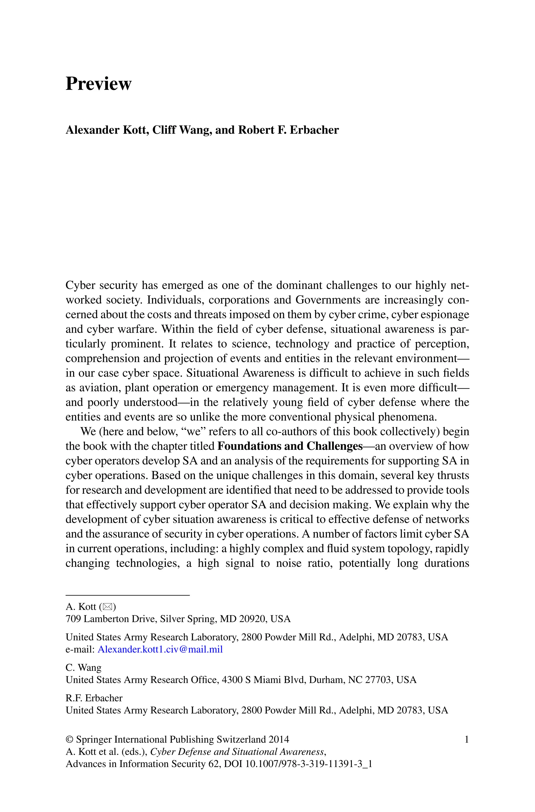 Cyber Defense And Situational Awareness Alexander Kott Cliff Wang | PDF