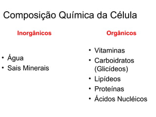 Composição Química da Célula 
Inorgânicos 
• Água 
• Sais Minerais 
Orgânicos 
• Vitaminas 
• Carboidratos 
(Glicídeos) 
• Lipídeos 
• Proteínas 
• Ácidos Nucléicos 
 