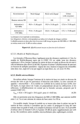 142

Réseaux GSM

Environnement

Rural dégagé

Rural semi-dégagé

Urbain
(ville moyenne)

Hauteur antenne BS

1O
0

1O
0

50

Atténuation à
925 MHz

90,9 + 31,8Log(d)

95,9 + 31,8Log(d)

123,6 + 33,8Log(d)

Atténuation à
1795 MHz

97’0 + 31,8Log(d)

102,O + 31,8Log(d)

133,l + 33,8Log(d)

La distance d est exprimée en kilomètres.
Les fréquences choisies correspondent au milieu de la bande de chaque système.
L‘affaiblissement est donc plus fort d’environ 6 dB lorsqu’on passe de 900 MHz à 1 800 MHz
en milieu rural et de 10 dB en milieu urbain.

Figure 6.4. Aflaiblissement moyen en fonction de la distance

6.3.2.3. Modèle de Walfish-Ikegami
Les formules d’okumura-Hata s’appliquentpour des distances supérieures à 1 km. Le
modèle de Walfish-Ikegami repris par le COST 231 est valide, pour des distances
supérieures à 20 m, lorsque l’antenne de station de base est située au-dessus du toit mais à
côté de bâtiments plus élevés [LAG 001. Il permet d’estimer l’affaiblissement de parcours
en fonction de multiples paramètres : largeur des rues, hauteur et longueur des immeubles
entre deux rues, angle de la rue par rapport au trajet direct, etc. (cf. [GSM 03.301).

6.3.3. Modèle microcellulaire
En milieu urbain, lorsque l’antenne de la station de base est située en dessous du
niveau des toits et que les puissances d’émission sont faibles, la zone couverte est
appelée << microcellule ». Si le mobile en visibilité de la station de base (LOS, Line
û Sight), le trajet direct de l’onde est prépondérant devant les diffractions et les
f
réflexions. L‘affaiblissement est estimé par la formule suivante, proposée par le
comité COST 231 :
Llos = 42’6 + 20 L o g o + 26 Log(d) pour d > 0’02 km.
(6.20)
Elle est pertinente pour des fréquences de 800 à 2 O00 MHz, une antenne mobile
entre 1 et 3 m et une antenne de station de base entre 4 et 50 m.
Un modèle simple, lorsque le mobile ne se trouve plus dans la même rue que la
station de base consiste à considérer que les ondes se propagent le long des rues
comme dans un guide d’onde, et à compter la distance suivant les rues. Il est possible
d’utiliser alors la formule 6.20 et d’ajouter 20 dB de perte supplémentaire par coin
de rue. De nombreux autres modèles microcellulaires plus sophistiqués existent.

 