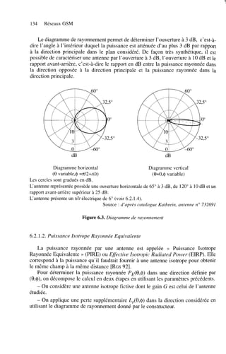 134

Réseaux GSM

Le diagramme de rayonnement permet de déterminer l’ouverture à 3 dB, c’est-àdire l’angle à l’intérieur duquel la puissance est atténuée d’au plus 3 dB par rapport
à la direction principale dans le plan considéré. De façon très synthétique, il est
possible de caractériser une antenne par l’ouverture à 3 dB, l’ouverture à 10 dB et le
rapport avant-arrière, c’est-à-dire le rapport en dB entre la puissance rayonnée dans
la direction opposée à la direction principale et la puissance rayonnée dans la
direction principale.

dB

dB

Diagramme horizontal
Diagramme vertical
(û variable,@=n/2+tilt)
(û=O,$ variable)
Les cercles sont gradués en dB.
L‘antenne représentée possède une ouverture horizontale de 65” à 3 dB, de 120” à 10 dB et un
rapport avant-arrière supérieur à 25 dB.
L‘antenne présente un tilt électrique de 6” (voir 6.2.1.4).
Source : d’après catalogue Kathrein, antenne no 732691

Figure 6.3. Diagramme de rayonnement

6.2.1.2. Puissance Isotrope Rayonnée Equivalente
La puissance rayonnée par une antenne est appelée << Puissance Isotrope
Rayonnée Equivalente >> (PIRE) ou Eflective Isotropic Radiated Power (EIRP). Elle
correspond à la puissance qu’il faudrait fournir à une antenne isotrope pour obtenir
le même champ à la même distance [RGS921.
Pour déterminer la puissance rayonnée PE(û,$) dans une direction définie par
(O,@), on décompose le calcul en deux étapes en utilisant les paramètres précédents.
- On considère une antenne isotrope fictive dont le gain G est celui de l’antenne
étudiée.
- On applique une perte supplémentaire Lr(û,@)
dans la direction considérée en
utilisant le diagramme de rayonnement donné par le constructeur.

 