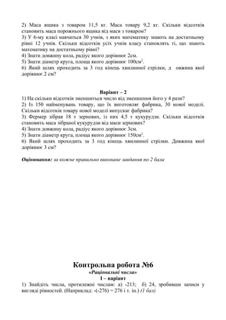 2) Маса ящика з товаром 11,5 кг. Маса товару 9,2 кг. Скільки відсотків
становить маса порожнього ящика від маси з товаром?
3) У 6-му класі навчаться 30 учнів, з яких математику знають на достатньому
рівні 12 учнів. Скільки відсотків усіх учнів класу становлять ті, що знають
математику на достатньому рівні?
4) Знати довжину кола, радіус якого дорівнює 2см.
5) Знати діаметр круга, площа якого дорівнює 100см2
.
6) Який шлях проходить за 3 год кінець хвилинної стрілки, д овжина якої
дорівнює 2 см?
Варіант – 2
1) На скільки відсотків зменшиться число від зменшення його у 4 рази?
2) Із 150 найменувань товару, що їх виготовляє фабрика, 30 нової моделі.
Скільки відсотків товару нової моделі випускає фабрика?
3) Фермер зібрав 18 т зернових, із них 4,5 т кукурудзи. Скільки відсотків
становить маса зібраної кукурудзи від маси зернових?
4) Знати довжину кола, радіус якого дорівнює 3см.
5) Знати діаметр круга, площа якого дорівнює 150см2
.
6) Який шлях проходить за 3 год кінець хвилинної стрілки. Довжина якої
дорівнює 3 см?
Оцінювання: за кожне правильно виконане завдання по 2 бала
Контрольна робота №6
«Раціональні числа»
І – варіант
1) Знайдіть числа, протилежні числам: а) -213; б) 24, зробивши записи у
вигляді рівностей. (Наприклад: -(-276) = 276 і т. ін.) (1 бал)
 