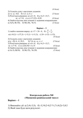 (4 бала)
2) Складіть суму з наступних доданків:
а) -х; -у; -4,8; б) 1,5; -а; b;-с (2 бала)
3) Розв’язати рівняння: а) х-6=-9; б) у+6,3=-15,7;
в) –х-7=8; г) х-(-117,23)=-8,58 (4 бала)
4) Знайти відстань між точками із заданими координатами:
а) А(5), В(-10); б) М(-20), N(-5) (2 бала)
Варіант – 2
1) знайти значення виразу: а) -17 + 24 - 8; б) - 5
4
+ 3
2
;
в) (-16,2) + (-37,3) + (+5,1) + (-11,3); г) 24 - (-13) - (-12);
(4 бала)
2) Складіть суму з наступних доданків:
а) р; -20; 6; -k; 10,3; б) 7,6; m; -n; -t; -l (2 бала)
3) Розв’язати рівняння: а) х-6=-9; б) у+6,3=-15,7;
в) –х-7=8; г) х-(-228,54)=-11,75 (4 бала)
4) Знайти відстань між точками із заданими координатами:
а) А(-5), В(10); б) М(-35), N(-20) (2 бала)
Контрольна робота №8
«Множення раціональний чисел»
Варіант – 1
1) Виконайте дії: а) 2,4·(-3,5); б) -5,3·0,2+0,2·7-1,7·(-0,2)+3,8:2
2) Який знак буде мати результат:
 