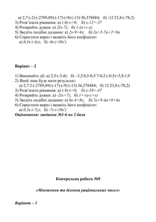 а) 2,7·(-2)·(-2789,89)·(-17)·(-9)·(-13)·36,378484; б) -12·23,8·(-78,2)
3) Розв’язати рівняння: а) (-6)·х=0; б) х-12=-37
4) Розкрийте дужки: а) 2(х-7); б) 1-(а+с-х)
5) Зведіть подібні доданки: а) 2х-9+4х; б) 2а+5-7а+2+9а
6) Спростити вираз і вкажіть його коефіцієнт:
а) 0,3х·(-4у); б) -8х·(-10х2
)
Варіант – 2
1) Виконайте дії: а) 2,5·(-3,4); б) –3,2·0,5-0,5·7-0,2·(-0,5)+3,8:1,9
2) Який знак буде мати результат:
а) 2,7·2·(-2789,89)·(-17)·(-9)·(-13)·36,378484; б) 12·23,8·(-78,2)
3) Розв’язати рівняння: а) (-9)·х=0; б) х-18=-47
4) Розкрийте дужки: а) -2(х+7); б) 1+-(а-с+х)
5) Зведіть подібні доданки: а) 6х-4+8х; б) 7а+9-4а+8+4а
6) Спростити вираз і вкажіть його коефіцієнт:
а) 0,3х·(-7у); б) -7х·(-10х2
)
Оцінювання: завдання №1-6 по 2 бала
Контрольна робота №9
«Множення та ділення раціональних чисел»
Варіант – 1
 