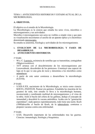 MICROBIOLOGIA



TEMA 1. ANTECEDENTES HISTORICOS Y ESTADO ACTUAL DE LA
MICROBIOLOGIA.

A. OBJETIVOS.

El objetivo es el estudio de la Microbiología.
La Microbiología es la ciencia que estudia los seres vivos, microbios o
microorganismos y sus actividades.
Microbio ó microorganismo son seres no visibles a simple vista y que para
su visualización necesitamos el auxilio de un aparato óptico y/o electrónico
denominado microscopio.
Se estudia su anatomía, fisiología y actividades de los microorganismos.

1.   EVOLUCION DE LA MICROBIOLOGIA Y FASES                                 DE
     DESARROLLO.
2.   ANTECEDENTES HISTORICOS.

1ª FASE:
- 96 a. C. Lucrecio, existencia de semillas que se transmitían, contagiaban
    (Mágico/exotérico).
- 1675 arranca con el descubrimiento de los microorganismos por
    Leeuwenhoek, descubridor de los protozoos. Construyó una especie de
    lupa en la que ve una gota de rocío y denomina a los microbios como
    animalucos.
- A partir de este autor comienza a desarrollarse la microbiología
    (S.XVII).

2ª FASE:
- S.XIX-S.XX, nacimiento de la Microbiología, se inicia como ciencia:
    KOCH y PASTEUR. Pasteur era químico. Estudiaba las muestras de los
    gusanos de seda, éste estudio lo lleva a la microbiología humana,
    reconociendo y nombrando multitud de microorganismos y el virus de
    la rabia. Aisló el bacilo del cólera de las gallinas, dedujo el concepto de
    inmunidad y descubrió la vacuna antirrábica. Acaba con la “generación
    espontánea”, nada aparece espontáneamente, todo tiene una razón. Koch
    (1880)describe el bacilo de Koch, de la tuberculosis; comienza a
    preparar vacunas contra esta enfermedad.

3ª FASE:
- S.XX. Desarrollo importante de las enfermedades tras las guerras.
    Ciencias: inmunología, fisiología y bioquímica.



                                                                              1
 