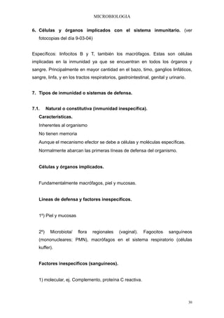 MICROBIOLOGIA


6. Células y órganos implicados con el sistema inmunitario. (ver
   fotocopias del día 9-03-04)


Específicos: linfocitos B y T, también los macrófagos. Estas son células
implicadas en la inmunidad ya que se encuentran en todos los órganos y
sangre. Principalmente en mayor cantidad en el bazo, timo, ganglios linfáticos,
sangre, linfa, y en los tractos respiratorios, gastrointestinal, genital y urinario.


7. Tipos de inmunidad o sistemas de defensa.


7.1.     Natural o constitutiva (inmunidad inespecífica).
   Características.
   Inherentes al organismo
   No tienen memoria
   Aunque el mecanismo efector se debe a células y moléculas específicas.
   Normalmente abarcan las primeras líneas de defensa del organismo.


   Células y órganos implicados.


   Fundamentalmente macrófagos, piel y mucosas.


   Líneas de defensa y factores inespecíficos.


   1º) Piel y mucosas


   2º)     Microbiota/   flora   regionales    (vaginal).   Fagocitos     sanguíneos
   (mononucleares; PMN), macrófagos en el sistema respiratorio (células
   kuffer).


   Factores inespecificos (sanguíneos).


   1) molecular, ej. Complemento, proteína C reactiva.



                                                                                       30
 