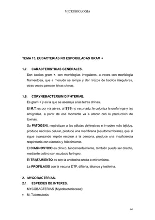 MICROBIOLOGIA




TEMA 15. EUBACTERIAS NO ESPORULADAS GRAM +


1.7.   CARACTERISTICAS GENERALES.
    Son bacilos gram +, con morfologías irregulares, a veces con morfología
    filamentosa, que a menudo se rompe y dan trozos de bacilos irregulares,
    otras veces parecen letras chinas.


1.8.   CORYNEBACTERIUM DIPHTERIAE.
    Es gram + y es la que se asemeja a las letras chinas.

    El M.T. es por vía aérea, al SSS no vacunado, le coloniza la orofaringe y las
    amígdalas, a partir de ese momento va a atacar con la producción de
    toxinas.
    Su PATOGENI, neutralizan a las células defensivas e invaden más tejidos,
    produce necrosis celular, produce una membrana (seudomembrana), que si
    sigue avanzando impide respirar a la persona, produce una insuficiencia
    respiratoria con cianosis y fallecimiento.
    El DIAGNOSTICO es clínico, fundamentalmente, también puede ser directo,
    mediante cultivo con exudado faríngeo.
    El TRATAMIENTO es con la antitoxina unida a eritromicina.

    La PROFILAXIS con la vacuna DTP, difteria, tétanos y tosferina.


2. MYCOBACTERIAS.
2.1.   ESPECIES DE INTERES.
    MYCOBACTERIAS (Mycobacteriaceae):
•   M. Tuberculosis



                                                                               66
 