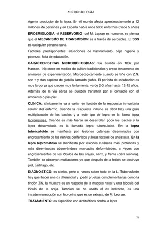 MICROBIOLOGIA


Agente productor de la lepra. En el mundo afecta aproximadamente a 12
millones de personas y en España había unos 5000 enfermos (hace 5 años)
EPIDEMIOLOGIA, el RESERVORIO del M. Leprae es humano, se piensa
que el MECANISMO DE TRANSMISION es a través de aerosoles. El SSS
es cualquier persona sana.
Factores predisponentes: situaciones de hacinamiento, baja higiene y
pobreza, falta de educación.
CARACTERISTICAS MICROBIOLOGICAS: fue aislado en 1837 por
Hansen. No crece en medios de cultivo tradicionales y crece lentamente en
animales de experimentación. Microscópicamente cuando se tiñe con Z.N.
son + y dan aspecto de globillo llamado globis. El período de incubación es
muy largo ya que crecen muy lentamente, va de 2-3 años hasta 12-15 años.
Además de la vía aérea se pueden transmitir por el contacto con el
ambiente o piel-piel.
CLINICA: clínicamente va a variar en función de la respuesta inmunitaria
celular del enfermo. Cuando la respuesta inmune es débil hay una gran
multiplicación de los bacilos y a este tipo de lepra se la llama lepra
lepromatosa. Cuando es más fuerte se desarrollan poco los bacilos y la
lepra desarrollada es la llamada lepra tuberculoide. En la lepra
tuberculoide se manifiesta por lesiones cutáneas diseminadas con
engrosamiento de los nervios periféricos y áreas focales de anestesia. En la
lepra lepromatosa se manifiesta por lesiones cutáneas más profundas y
más diseminadas observándose marcadas deformidades, a veces con
engrosamientos de los lóbulos de las orejas, nariz, y frente (cara leonina).
También se observan mutilaciones ya que después de la lesión se destruye
piel, cartílago, etc.
DIAGNOSTICO: es clínico, pero a veces sobre todo en la L. Tuberculoide
hay que hacer una dx diferencial y pedir pruebas complementarias como la
tinción ZN, la muestra es un raspado de la mucosa nasal y una biopsia del
lóbulo de la oreja. También se ha usado el dx indirecto, es una
intradermoreacción con lepronina que es un extracto de M. Leprae.
TRATAMIENTO: es específico con antibióticos contra la lepra




                                                                          70
 