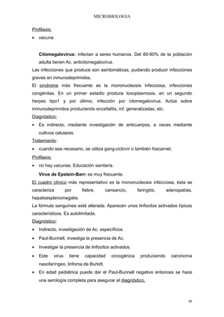 MICROBIOLOGIA

Profilaxis:
•   vacuna


    Citomegalovirus: infectan a seres humanos. Del 80-90% de la población
    adulta tienen Ac. anticitomegalovirus.
Las infecciones que produce son asintomáticas, pudiendo producir infecciones
graves en inmunodeprimidos.
El síndrome más frecuente es la mononucleosis infecciosa, infecciones
congénitas. En un primer estadio produce toxoplasmosis, en un segundo
herpes tipo1 y por último, infección por citomegalovirus. Actúa sobre
inmunodeprimidos produciendo encefalitis, inf. generalizadas, etc.
Diagnóstico:
•   Es indirecto, mediante investigación de anticuerpos, a veces mediante
    cultivos celulares.
Tratamiento:
•   cuando sea necesario, se utiliza gang-ciclovir o también foscarnet.
Profilaxis:
•   no hay vacunas. Educación sanitaria.
    Virus de Epstein-Barr: es muy frecuente.
El cuadro clínico más representativo es la mononucleosis infecciosa, ésta se
caracteriza           por       fiebre,   cansancio,      faringitis,    adenopatías,
hepatoesplenomegalia.
La fórmula sanguínea está alterada. Aparecen unos linfocitos activados típicos
característicos. Es autolimitada.
Diagnóstico:
•   Indirecto, investigación de Ac. específicos.
•   Paul-Bunnell, investiga la presencia de Ac.
•   Investigar la presencia de linfocitos activados.
•   Este      virus     tiene    capacidad   oncogénica    produciendo     carcinoma
    nasofaríngeo, linfoma de Burkitt.
•   En edad pediátrica puede dar el Paul-Bunnell negativo entonces se hace
    una serología completa para asegurar el diagnóstico.



                                                                                   98
 