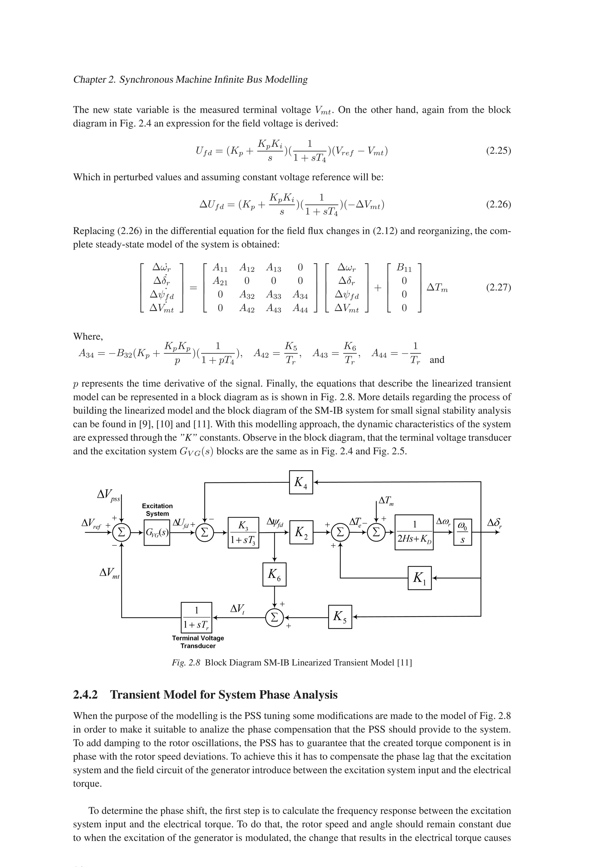 Chapter 2. Synchronous Machine Infinite Bus Modelling
The new state variable is the measured terminal voltage Vmt. On the other hand, again from the block
diagram in Fig. 2.4 an expression for the field voltage is derived:
Ufd = (Kp +
KpKi
s
)(
1
1 + sT4
)(Vref − Vmt) (2.25)
Which in perturbed values and assuming constant voltage reference will be:
∆Ufd = (Kp +
KpKi
s
)(
1
1 + sT4
)(−∆Vmt) (2.26)
Replacing (2.26) in the differential equation for the field flux changes in (2.12) and reorganizing, the com-
plete steady-state model of the system is obtained:




∆ ˙
ωr
∆ ˙
δr
∆ ˙
ψfd
∆ ˙
Vmt



 =




A11 A12 A13 0
A21 0 0 0
0 A32 A33 A34
0 A42 A43 A44








∆ωr
∆δr
∆ψfd
∆Vmt



 +




B11
0
0
0



 ∆Tm (2.27)
Where,
A34 = −B32(Kp +
KpKp
p
)(
1
1 + pT4
), A42 =
K5
Tr
, A43 =
K6
Tr
, A44 = −
1
Tr and
p represents the time derivative of the signal. Finally, the equations that describe the linearized transient
model can be represented in a block diagram as is shown in Fig. 2.8. More details regarding the process of
building the linearized model and the block diagram of the SM-IB system for small signal stability analysis
can be found in [9], [10] and [11]. With this modelling approach, the dynamic characteristics of the system
are expressed through the ”K” constants. Observe in the block diagram, that the terminal voltage transducer
and the excitation system GV G(s) blocks are the same as in Fig. 2.4 and Fig. 2.5.
Fig. 2.8 Block Diagram SM-IB Linearized Transient Model [11]
2.4.2 Transient Model for System Phase Analysis
When the purpose of the modelling is the PSS tuning some modifications are made to the model of Fig. 2.8
in order to make it suitable to analize the phase compensation that the PSS should provide to the system.
To add damping to the rotor oscillations, the PSS has to guarantee that the created torque component is in
phase with the rotor speed deviations. To achieve this it has to compensate the phase lag that the excitation
system and the field circuit of the generator introduce between the excitation system input and the electrical
torque.
To determine the phase shift, the first step is to calculate the frequency response between the excitation
system input and the electrical torque. To do that, the rotor speed and angle should remain constant due
to when the excitation of the generator is modulated, the change that results in the electrical torque causes
 