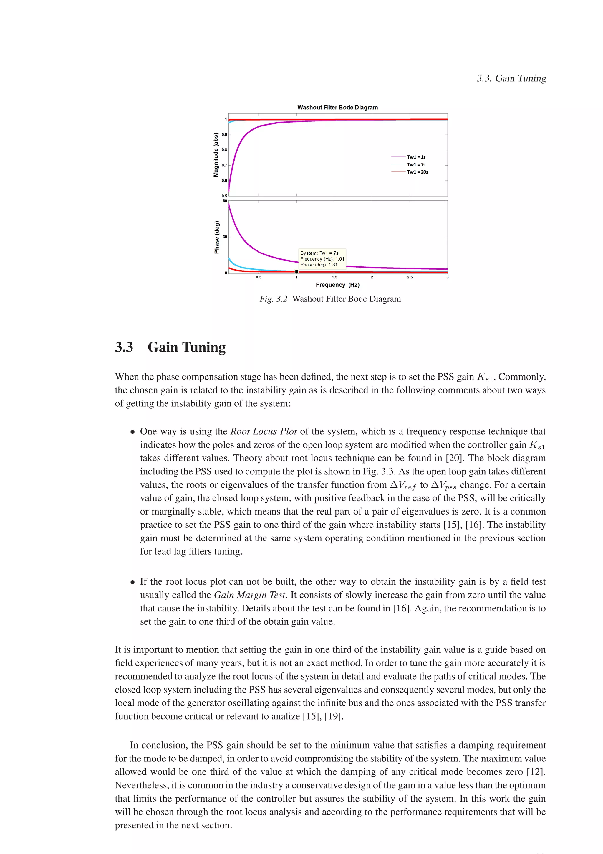 3.3. Gain Tuning
Fig. 3.2 Washout Filter Bode Diagram
3.3 Gain Tuning
When the phase compensation stage has been defined, the next step is to set the PSS gain Ks1. Commonly,
the chosen gain is related to the instability gain as is described in the following comments about two ways
of getting the instability gain of the system:
• One way is using the Root Locus Plot of the system, which is a frequency response technique that
indicates how the poles and zeros of the open loop system are modified when the controller gain Ks1
takes different values. Theory about root locus technique can be found in [20]. The block diagram
including the PSS used to compute the plot is shown in Fig. 3.3. As the open loop gain takes different
values, the roots or eigenvalues of the transfer function from ∆Vref to ∆Vpss change. For a certain
value of gain, the closed loop system, with positive feedback in the case of the PSS, will be critically
or marginally stable, which means that the real part of a pair of eigenvalues is zero. It is a common
practice to set the PSS gain to one third of the gain where instability starts [15], [16]. The instability
gain must be determined at the same system operating condition mentioned in the previous section
for lead lag filters tuning.
• If the root locus plot can not be built, the other way to obtain the instability gain is by a field test
usually called the Gain Margin Test. It consists of slowly increase the gain from zero until the value
that cause the instability. Details about the test can be found in [16]. Again, the recommendation is to
set the gain to one third of the obtain gain value.
It is important to mention that setting the gain in one third of the instability gain value is a guide based on
field experiences of many years, but it is not an exact method. In order to tune the gain more accurately it is
recommended to analyze the root locus of the system in detail and evaluate the paths of critical modes. The
closed loop system including the PSS has several eigenvalues and consequently several modes, but only the
local mode of the generator oscillating against the infinite bus and the ones associated with the PSS transfer
function become critical or relevant to analize [15], [19].
In conclusion, the PSS gain should be set to the minimum value that satisfies a damping requirement
for the mode to be damped, in order to avoid compromising the stability of the system. The maximum value
allowed would be one third of the value at which the damping of any critical mode becomes zero [12].
Nevertheless, it is common in the industry a conservative design of the gain in a value less than the optimum
that limits the performance of the controller but assures the stability of the system. In this work the gain
will be chosen through the root locus analysis and according to the performance requirements that will be
presented in the next section.
 