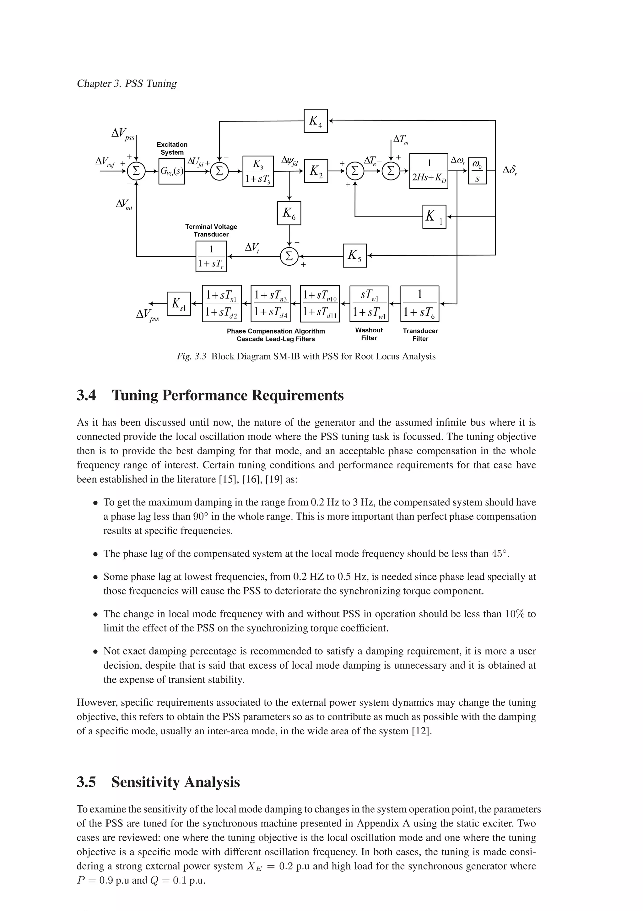 Chapter 3. PSS Tuning
Fig. 3.3 Block Diagram SM-IB with PSS for Root Locus Analysis
3.4 Tuning Performance Requirements
As it has been discussed until now, the nature of the generator and the assumed infinite bus where it is
connected provide the local oscillation mode where the PSS tuning task is focussed. The tuning objective
then is to provide the best damping for that mode, and an acceptable phase compensation in the whole
frequency range of interest. Certain tuning conditions and performance requirements for that case have
been established in the literature [15], [16], [19] as:
• To get the maximum damping in the range from 0.2 Hz to 3 Hz, the compensated system should have
a phase lag less than 90◦
in the whole range. This is more important than perfect phase compensation
results at specific frequencies.
• The phase lag of the compensated system at the local mode frequency should be less than 45◦
.
• Some phase lag at lowest frequencies, from 0.2 HZ to 0.5 Hz, is needed since phase lead specially at
those frequencies will cause the PSS to deteriorate the synchronizing torque component.
• The change in local mode frequency with and without PSS in operation should be less than 10% to
limit the effect of the PSS on the synchronizing torque coefficient.
• Not exact damping percentage is recommended to satisfy a damping requirement, it is more a user
decision, despite that is said that excess of local mode damping is unnecessary and it is obtained at
the expense of transient stability.
However, specific requirements associated to the external power system dynamics may change the tuning
objective, this refers to obtain the PSS parameters so as to contribute as much as possible with the damping
of a specific mode, usually an inter-area mode, in the wide area of the system [12].
3.5 Sensitivity Analysis
To examine the sensitivity of the local mode damping to changes in the system operation point, the parameters
of the PSS are tuned for the synchronous machine presented in Appendix A using the static exciter. Two
cases are reviewed: one where the tuning objective is the local oscillation mode and one where the tuning
objective is a specific mode with different oscillation frequency. In both cases, the tuning is made consi-
dering a strong external power system XE = 0.2 p.u and high load for the synchronous generator where
P = 0.9 p.u and Q = 0.1 p.u.
 