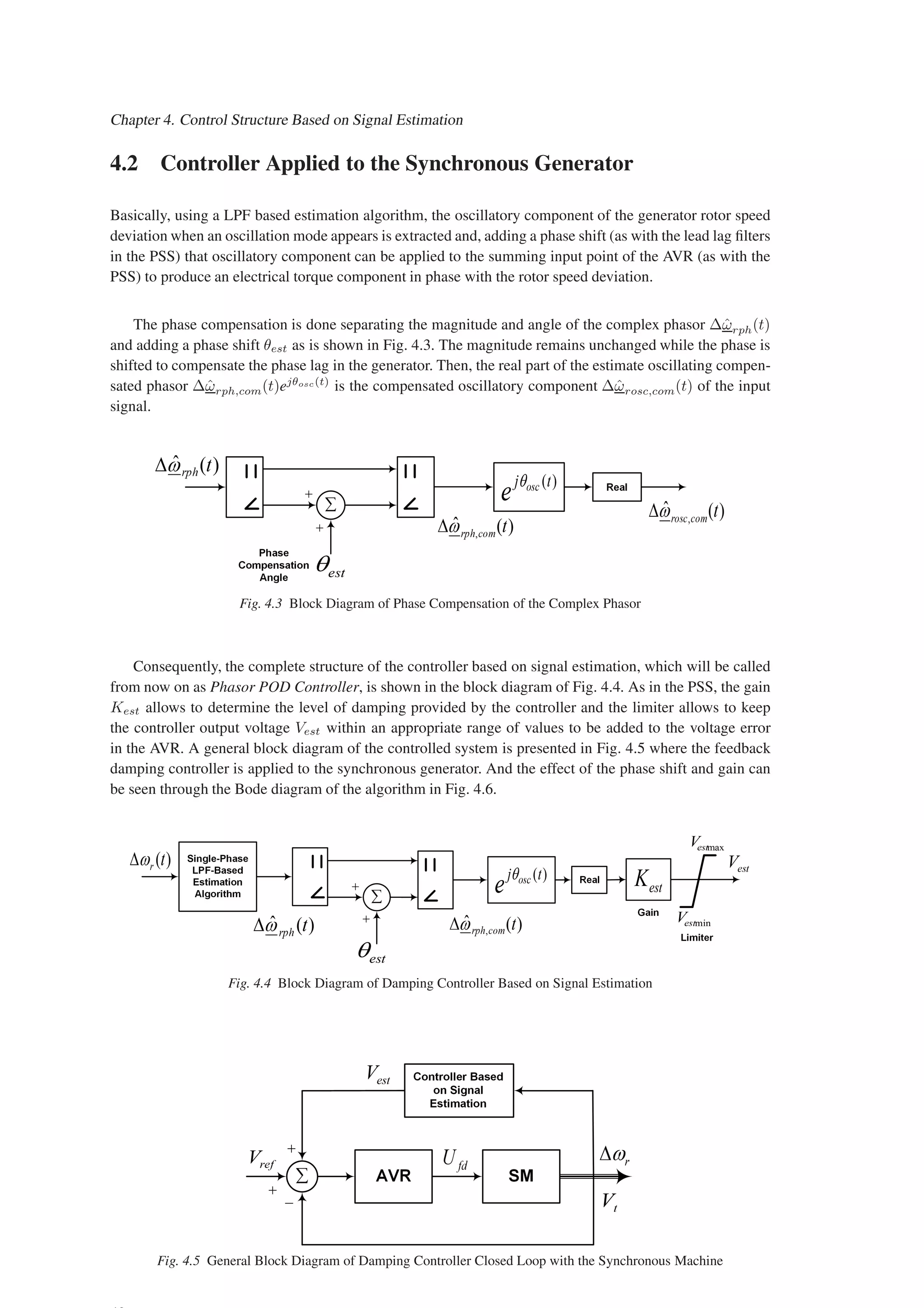 Chapter 4. Control Structure Based on Signal Estimation
4.2 Controller Applied to the Synchronous Generator
Basically, using a LPF based estimation algorithm, the oscillatory component of the generator rotor speed
deviation when an oscillation mode appears is extracted and, adding a phase shift (as with the lead lag filters
in the PSS) that oscillatory component can be applied to the summing input point of the AVR (as with the
PSS) to produce an electrical torque component in phase with the rotor speed deviation.
The phase compensation is done separating the magnitude and angle of the complex phasor ∆ω̂rph(t)
and adding a phase shift θest as is shown in Fig. 4.3. The magnitude remains unchanged while the phase is
shifted to compensate the phase lag in the generator. Then, the real part of the estimate oscillating compen-
sated phasor ∆ω̂rph,com(t)ejθosc(t)
is the compensated oscillatory component ∆ω̂rosc,com(t) of the input
signal.
Fig. 4.3 Block Diagram of Phase Compensation of the Complex Phasor
Consequently, the complete structure of the controller based on signal estimation, which will be called
from now on as Phasor POD Controller, is shown in the block diagram of Fig. 4.4. As in the PSS, the gain
Kest allows to determine the level of damping provided by the controller and the limiter allows to keep
the controller output voltage Vest within an appropriate range of values to be added to the voltage error
in the AVR. A general block diagram of the controlled system is presented in Fig. 4.5 where the feedback
damping controller is applied to the synchronous generator. And the effect of the phase shift and gain can
be seen through the Bode diagram of the algorithm in Fig. 4.6.
Fig. 4.4 Block Diagram of Damping Controller Based on Signal Estimation
Fig. 4.5 General Block Diagram of Damping Controller Closed Loop with the Synchronous Machine
 