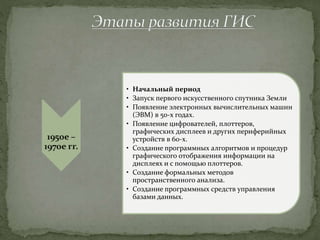 1950е –
1970е гг.
• Начальный период
• Запуск первого искусственного спутника Земли
• Появление электронных вычислительных машин
(ЭВМ) в 50-х годах.
• Появление цифрователей, плоттеров,
графических дисплеев и других периферийных
устройств в 60-х.
• Создание программных алгоритмов и процедур
графического отображения информации на
дисплеях и с помощью плоттеров.
• Создание формальных методов
пространственного анализа.
• Создание программных средств управления
базами данных.
 