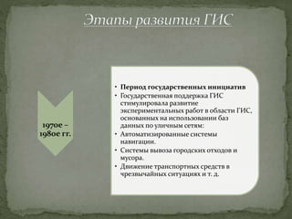 1970е –
1980е гг.
• Период государственных инициатив
• Государственная поддержка ГИС
стимулировала развитие
экспериментальных работ в области ГИС,
основанных на использовании баз
данных по уличным сетям:
• Автоматизированные системы
навигации.
• Системы вывоза городских отходов и
мусора.
• Движение транспортных средств в
чрезвычайных ситуациях и т. д.
 