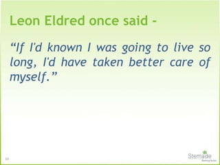 10
“If I'd known I was going to live so
long, I'd have taken better care of
myself.”
Leon Eldred once said -
 