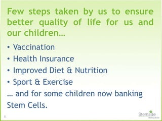 Few steps taken by us to ensure
better quality of life for us and
our children…
• Vaccination
• Health Insurance
• Improved Diet & Nutrition
• Sport & Exercise
… and for some children now banking
Stem Cells.
11
 